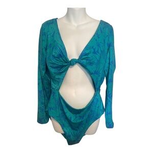 Victorias Secret Cutout Blue Palm Long Sleeve One Piece Swimsuit NWT Size XXL
